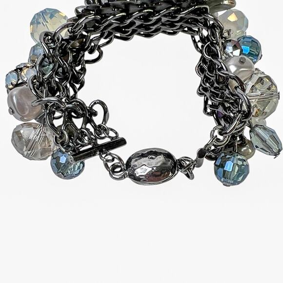 Cha Cha Bracelet Glitter Stone Blue Dangle Beads Gun Metal Chain Magnet Clasp - Picture 5 of 14